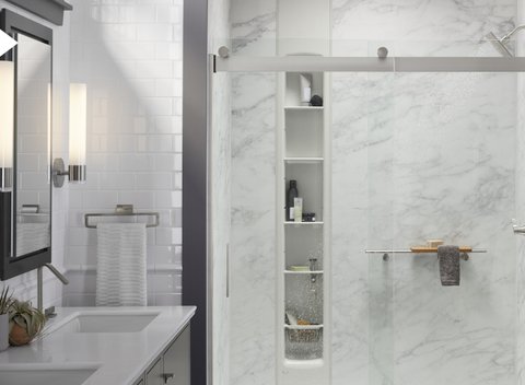 shower with white marble surround